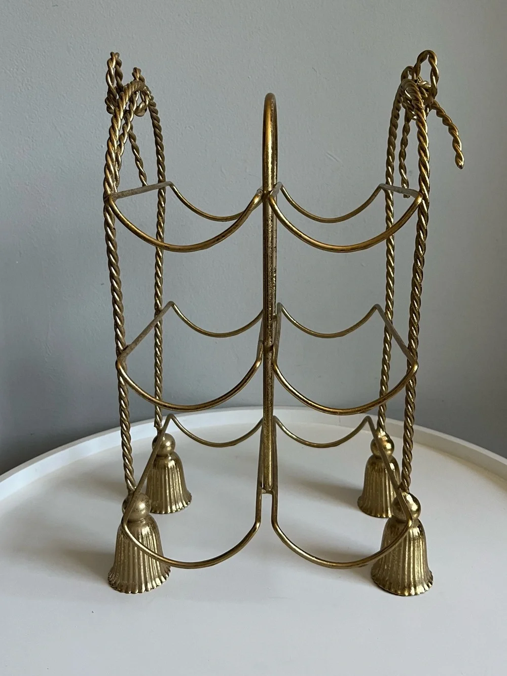 Gold Bow & Tassel Twisted Rope Design Metal Tabletop 6 Wine Bottle Holder